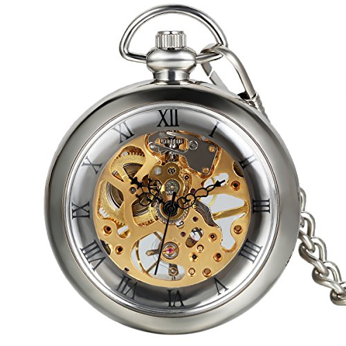 Avaner Vintage Taschenuhr für Herren Analog Handaufzugwerk Pocket Watch Durchsichtiges Ziffernblatt mit römischen Ziffern (Silber) von Avaner