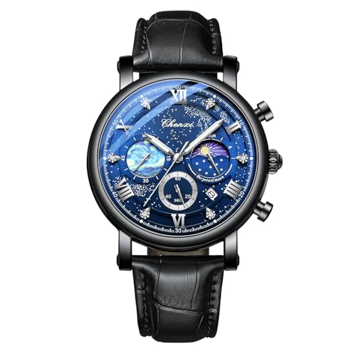 Avaner Wasserdichte Multifunktions-Armbanduhr für Herren: Analoges Quarzuhrwerk, Armband aus echtem Leder, Zifferblatt mit 3 Augen, Leuchtzeiger, Kalender/Stoppuhr erhältlich, Schwarz , Homme, Riemen von Avaner