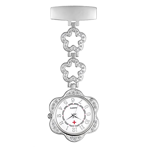 Avaner Krankenschwesteruhr Pflegeruhr Herz Blumen Design FOB Analog Quarzwerk Pulsuhr Ansteckuhr Unisex Silver Schwesternuhren mit Pin/Clip Set Ausziehbar Arzt Doktor Medical Taschenuhr von Avaner