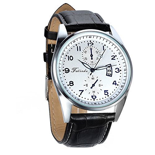 Avaner Herren Kalender Uhr Analog Quarzwerk mit Leder Armband Arabische Ziffern Schwarz 01P-37 von Avaner