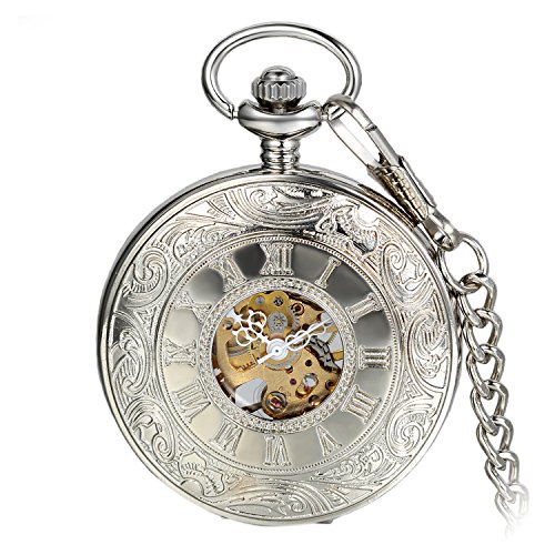 Avaner Unisex Taschenuhr Analog Handaufzugwerk Skelett Muster Steampunk römische Ziffern Silber Avaner01P-10 von Avaner