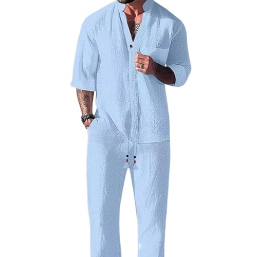 Modisches zweiteiliges Herren-Set aus Baumwollleinen: Oberteil und Hose, lässige Hemden mit Knöpfen und weite Hosen. Hawaiianischer Strandanzug. (Blau,XL) von Avanise