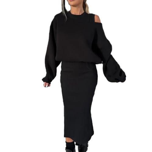 Damen-Set Mit Sweatshirt Mit Schrägen Schultern Und ärmellosem Kleid, Schulterfreiem Tanktop-Kleid Für Damen,asymmetrischen Oberteilen Mit Schlitz Am Saum Und Figurbetonten Midi-Rock-Sets (Schwarz,M) von Avanise