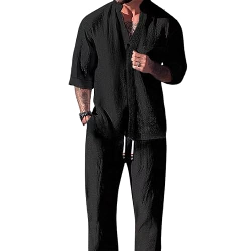 Modisches zweiteiliges Herren-Set aus Baumwollleinen: Oberteil und Hose, lässige Hemden mit Knöpfen und weite Hosen. Hawaiianischer Strandanzug. (Schwarz,S) von Avanise