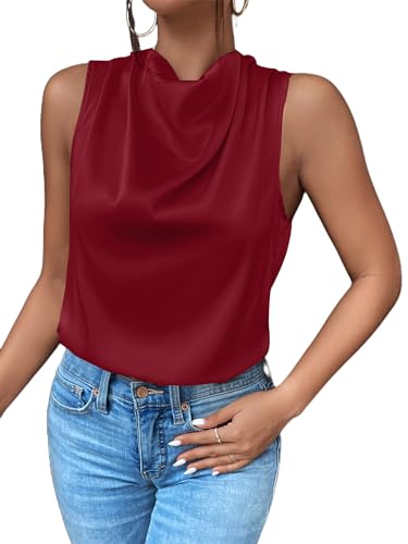 Avanova Ärmellose Satin-Blusen für Damen, lässig, drapierter Ausschnitt, gerüschte Vorderseite, Tanktops, Burgunder, X-Groß von Avanova