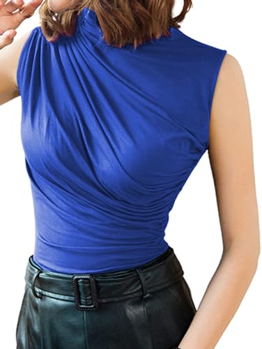 Avanova Damen Ärmelloses Mock Rollkragen Tank Top Tailliert Ruched Shirt Blusen, dusty blue, Mittel von Avanova