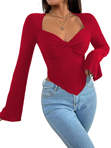 Avanova Damen Langarm Square Neck Crop Top Twist Front Asymmetrisches Oberteile Shirt, Burgunder, Groß von Avanova