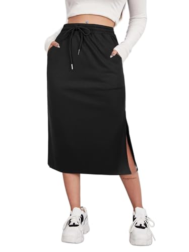 Avanova Damen-Midirock mit Schlitz, hohe Taille, geteilt, Sommer, lässig, Kordelzug und Taschen, Sweatrock, Schwarz, Groß von Avanova