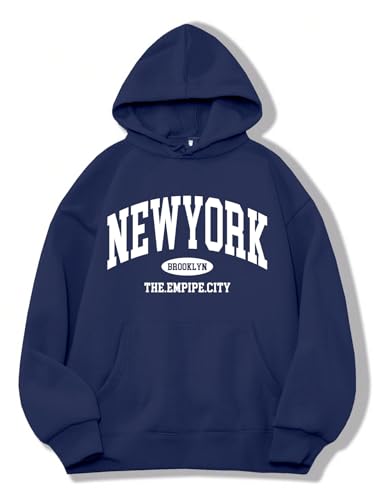 Avanova Damen New York Graphic Hoodie Oversized Kordelzug Langarm Sweatshirt mit Kängurutasche, Dysty Blue, M von Avanova