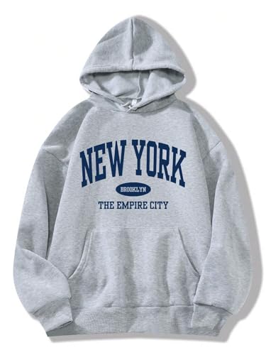 Avanova Damen New York Graphic Hoodie Oversized Kordelzug Langarm Sweatshirt mit Kängurutasche, GRAU, L von Avanova