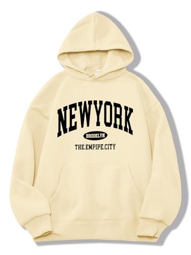 Avanova Damen New York Graphic Hoodie Oversized Kordelzug Langarm Sweatshirt mit Kängurutasche, aprikose, M von Avanova