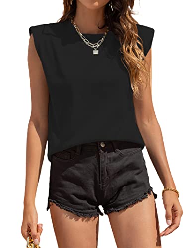 Avanova Damen Schulterpolster Tank Top Ärmellos Casual Sommer Rundhals T-Shirt, Schwarz, X-Groß von Avanova