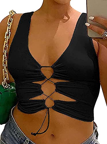 Avanova Damen Sexy One-Shoulder-ärmelloses Schnür-Top mit Ausschnitt vorne Cami Tank, Schwarz 04, Mittel von Avanova