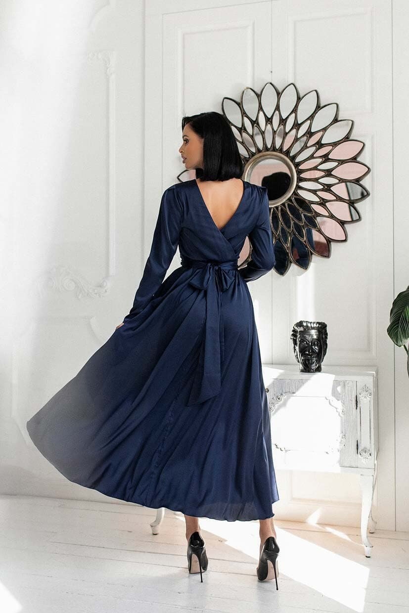 Dunkelblaues Seidenkleid Mit V-Ausschnitt, Midi-Cocktailkleid, Seidenkleid, Langarmkleid, Blaues Gürtelkleid, Rückenfreies von AvantArtStudio