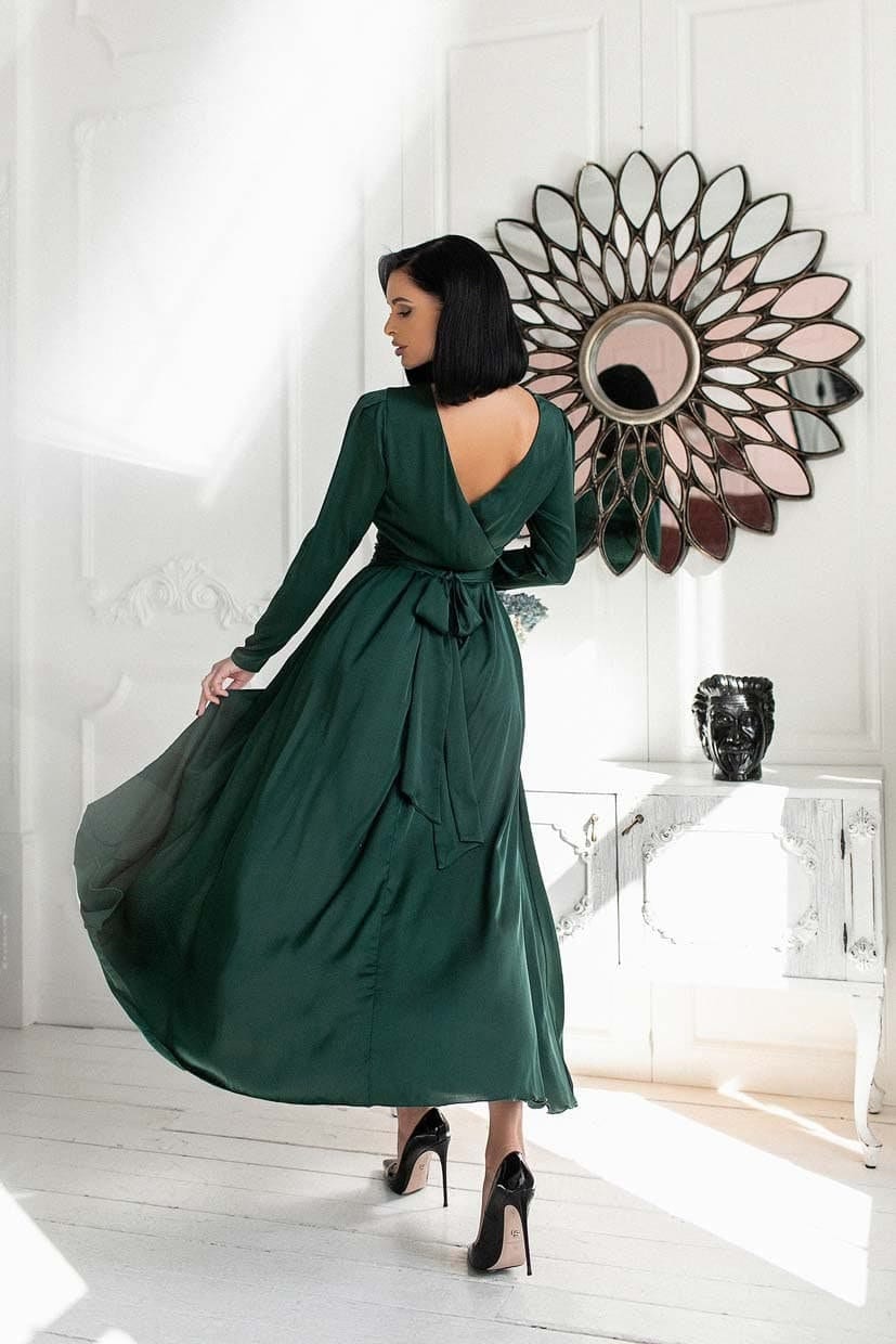 Smaragdgrünes Midikleid, V-Ausschnitt Kleid Mit Offenem Rücken, Smaragdgrün Brautjungferkleid, Langarm Kleid, Seidenkleid Gürtel von AvantArtStudio