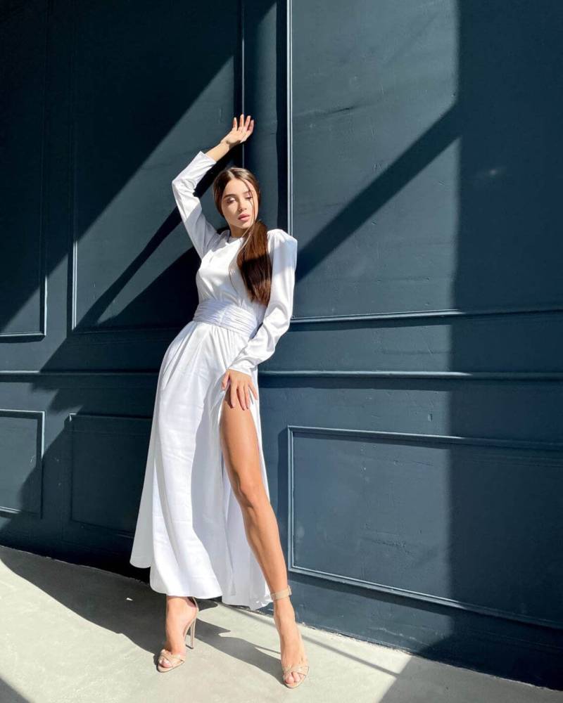 Weißes Kleid Frauen, Langarm Weißes Kleid, Seidenkleid, Midikleid, Mit Hohem Schlitz, Langärmliges Formelle Kleidung von AvantArtStudio