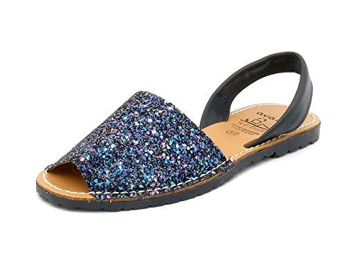 Avarca Damen Sandalen Glitzer Sommerschuhe mit Pailletten und Leder Riemchen Abarca Menorquina Sandaletten dunkelblau blau Größe 41 EU von Avarca