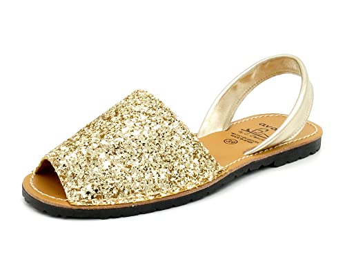 Avarca Damen Sandalen Glitzer Glitter Schuhe Leder Riemchen Menorca Sommerschuhe Menorquina Sandaletten mit Pailletten Gold Größe 36 EU von Avarca