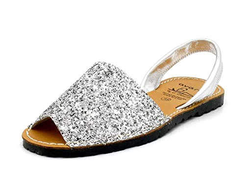Avarca Damen Sandalen Glitzer Glitter Schuhe Leder Riemchen Menorca Sommerschuhe Menorquina Sandaletten mit Pailletten Silber Größe 39 EU von Avarca