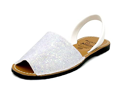 Avarca Damen Sandalen Glitzer Glitter Schuhe Leder Riemchen Menorca Sommerschuhe Menorquina Sandaletten mit Pailletten Weiß Größe 38 EU von Avarca