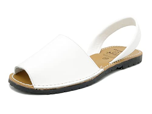 Avarca Damen Sandalen Leder Menorca Schuhe Abarca Menorquina offene Flache Sommer Sandaletten Weiß Größe 39 EU von Avarca