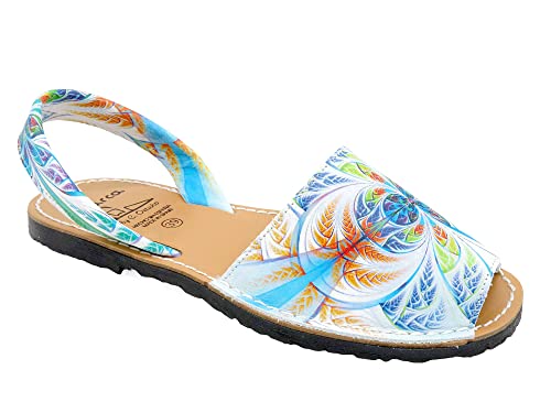 Avarca Damen Sandalen Leder Menorca Schuhe Abarca bunt Menorquina Sommerschuhe Echtleder Sandaletten flach offen Blau Größe 39 EU von Avarca