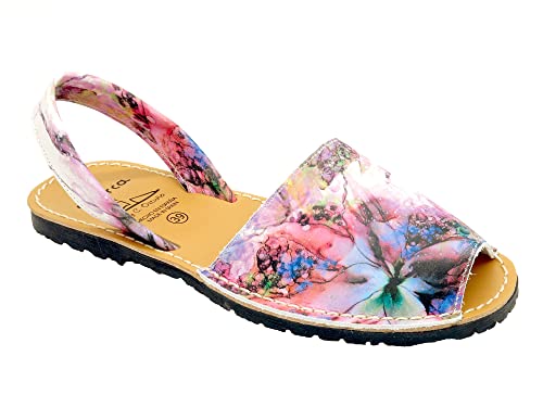 Avarca Damen Sandalen Leder Menorca Schuhe bunt lila Blumen Echtleder Sandaletten Abarca Menorquina Sommerschuhe flach offen Violett Größe 36 EU von Avarca