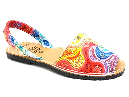 Avarca Damen Sandalen Leder Menorca Schuhe grell bunt Mosaik Echtleder Sommerschuhe Abarca Menorquina Sandaletten flach offen Rot Größe 39 EU von Avarca