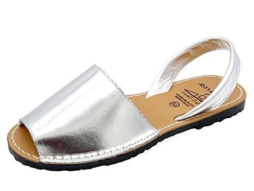 Avarca Damen Sandalen Leder Menorca Sommer Schuhe matt metallic Abarca Menorquina offen flach Silber Größe 35 EU von Avarca