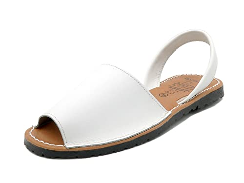 Avarca Damen Sandalen Leder Menorquina Echtleder Decksohle gepolstert spanische Sandaletten Sommerschuhe flach offen Weiß Gr 37 von Avarca