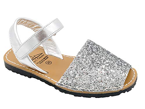 Avarca Mädchen Glitzer Sandalen Leder Riemchen Kinderschuhe Sommer Schuhe mit Pailletten & Klettverschluss Silber Größe 30 EU von Avarca