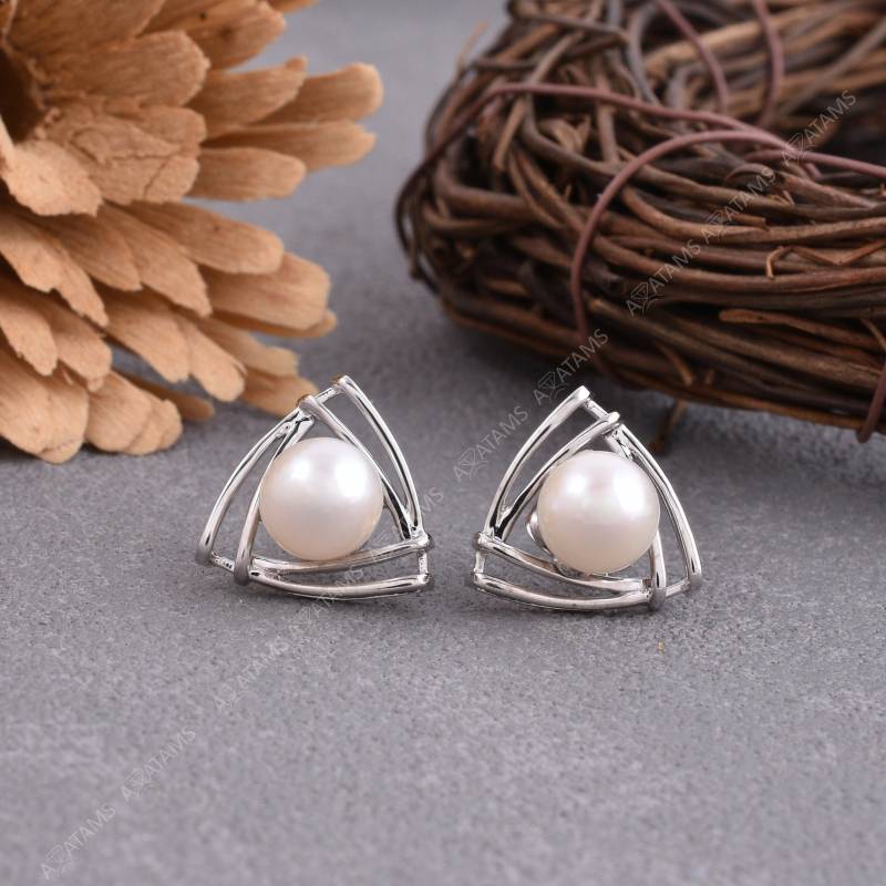 Perlenohrstecker Mit Doppel-Dreieck Jacke | Fusion Pearl Ohrringe in 925 Sterling Silber Earring Jacket Rabatt Frauen Schmuck von Avatams