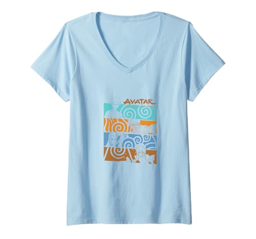 Damen Avatar The Last Airbender Characters Color Block Print T-Shirt mit V-Ausschnitt von Avatar: The Last Airbender
