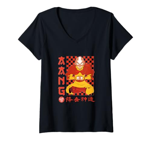 Damen Avatar: The Last Airbender Aang Red Checkerboard Design T-Shirt mit V-Ausschnitt von Avatar: The Last Airbender