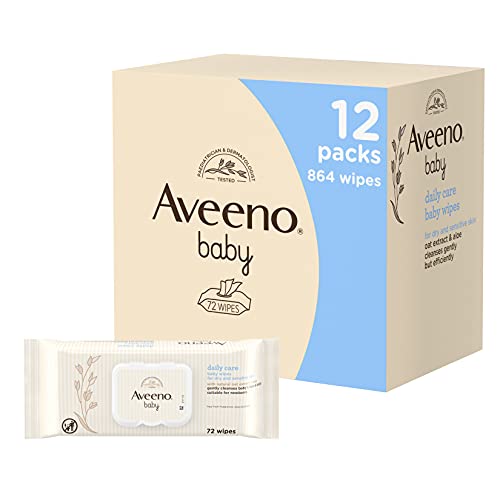 Aveeno Baby Daily Care Wipes Sensitive Skin Cleanse Gently And Efficiently Baby Essentials, White, 12 Stück (864 Tücher insgesamt) von Aveeno Baby