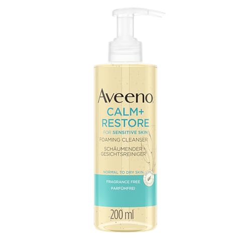 Aveeno CALM+RESTORE Schäumender Gesichtsreiniger(200ml), entfernt Make-Up, wasserfeste Mascara + hinterlässt ein Feuchtigkeitsgefühl auf der Haut, Gel-zu-Schaum, für empfindliche Haut, parfümfrei von Aveeno