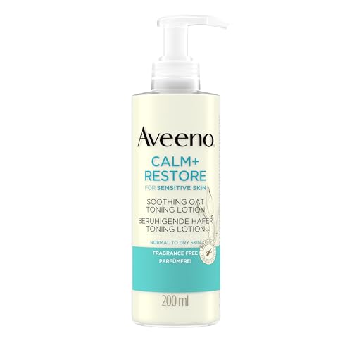 Aveeno CALM+RESTORE beruhigende Hafer Toning Lotion (200 ml), parfümfreier Toner & erfrischender Make Up Entferner für empfindliche Haut mit präbiotischem Hafer & beruhigendem Mutterkraut von Aveeno