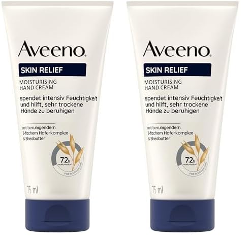 Aveeno Skin Relief Feuchtigkeitsspendende Handcreme (75 ml), parfümfreie Handcreme für sehr trockene Hände, natürliche Hautpflege mit beruhigendem Hafer & Sheabutter, vegan* (Packung mit 2) von Aveeno