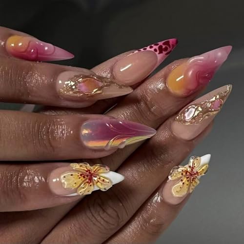 24 Pcs Mandelpresse Auf Nägeln Blumendesigns Französische Gefälschte Nägel Acryl False Nails Künstliche Nägel Kleber Auf Nägeln Frauen Auf Nagel Sarg Mandel Französisch Tipps Press Auf Nagel von Avejjbaey
