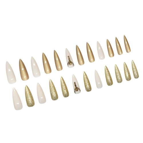 24 % lange goldene Glitzernägel mit Strasssteinen, volle Abdeckung, glänzende Mandel, künstliche Nägel für Frauen und Mädchen von Avejjbaey