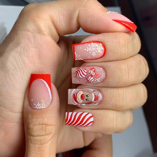 Cartoon Elch Claw Christmas Press Claw Stripe Artificial Nails White Snowflake Full Cover Nail Stick von Avejjbaey