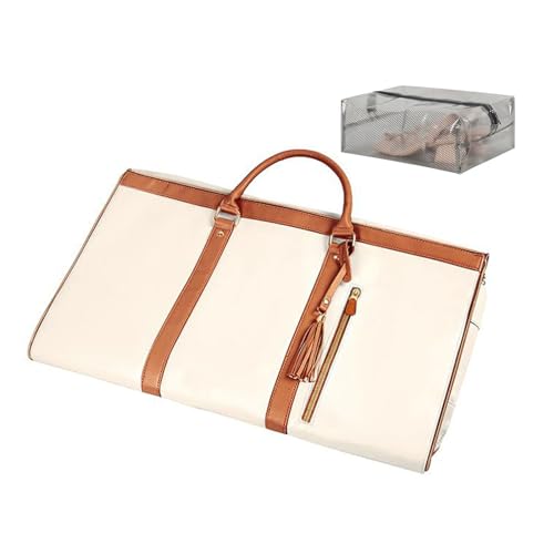 Leder-Anzugtasche für Reisen, Herren, Damen, faltbar, für Jacken, Schuhe, Wochenenden, Organizer, Sporttasche, Beige von Avejjbaey