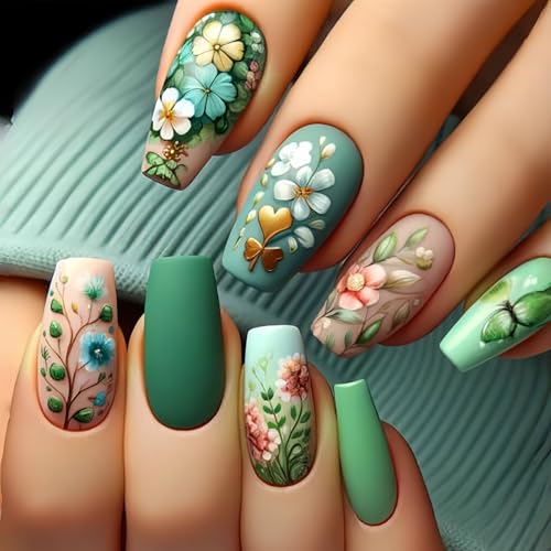 Sargform Presse Auf Nägeln 24 Pcs Acrylnägel Mit Floralen Designs Grüne Falsche Maniküre Kunst Für Frauen Nageldekoration von Avejjbaey