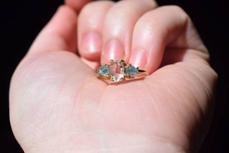 Verlobungsring 14K Massiv Gelbgold Roh Herkimer Diamant Ring Aquamarin Gold Ehering Größe 8 Für Frau Geschenk von Avello