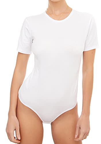 Avely Body für Damen aus Baumwolle I Kurzarm-Body mit Rundhals für Frauen I Bodysuit Women mit Ärmel I Body Shaper elegant L weiß von Avely