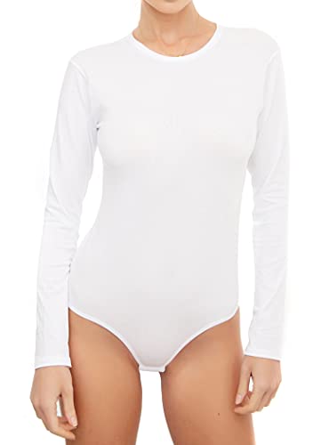 Avely Damen Body langarm l Basic Body aus Baumwolle mit Rundhals l Bodysuit für Frauen l Jupsuit l Overall l Blusenbody weiß XS von Avely