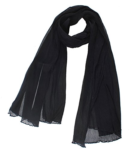 Avenella Grosser XXL-SEIDENSCHAL (ca. 190 x 65 cm) unifarben schwarz aus feiner gecrashter transparenter Seide (Crepe Georgettte); einfarbiger schwarzer Schal aus 100% Seide von Avenella