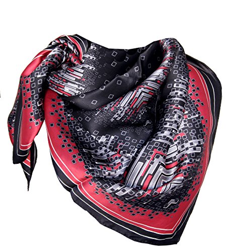 Avenella Hochwertiges SEIDENTUCH in elegantem Design, Hauptfarben: Schwarz Anthrazit Rot, Satin Tuch aus 100% Seide, 86x86 cm, Handrolliert von Avenella