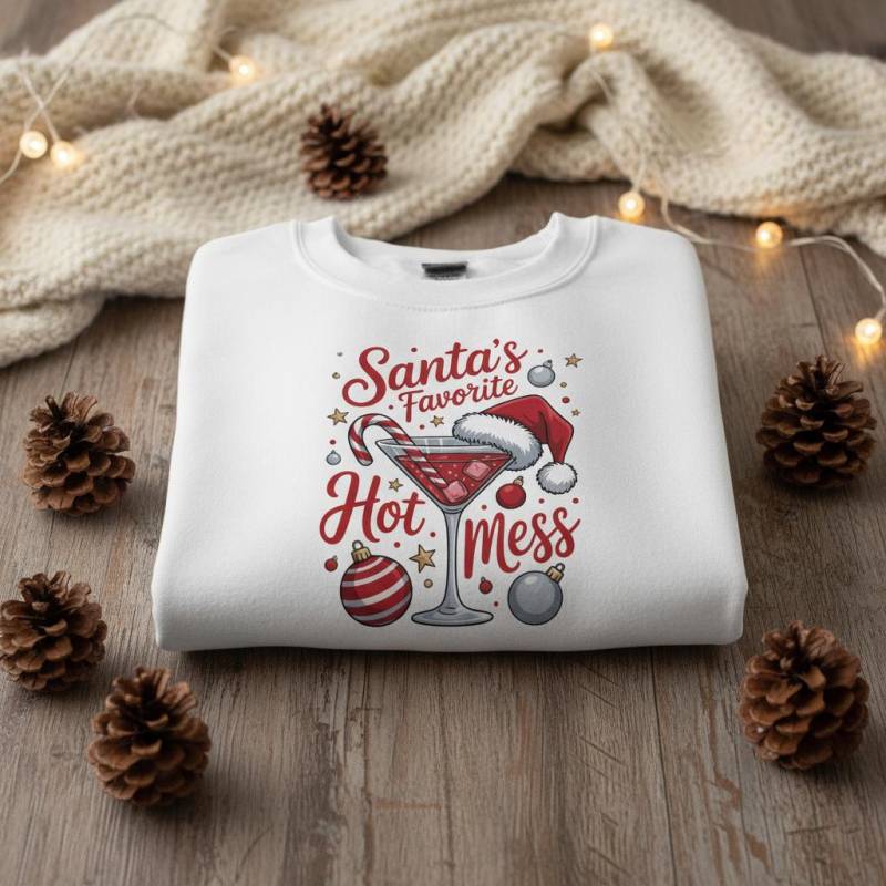 Sata's Favorite Hot Mess Sweatshirt - Fun Christmas Apparel With Cocktail Design von AvenoirTheShop