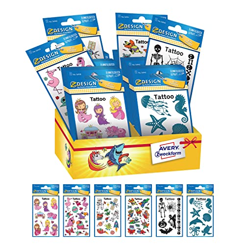 Avery España 4875673 Tattoo-Sticker, 6 verschiedene Motive, insgesamt 60 Aufkleber auf Karton von Avery España